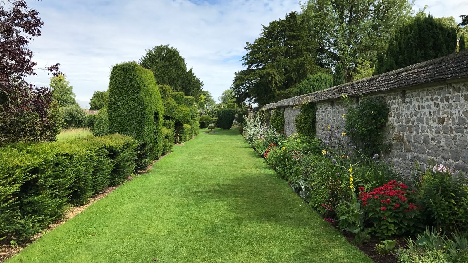 Gartenweg zwischen Hecken und Staudenbeeten
