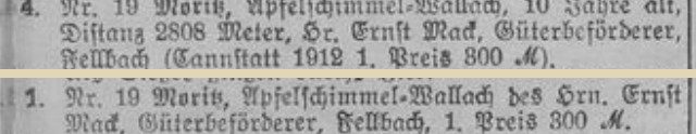 1913: „Moritz“ wieder Sieger, 300 Mark (Amts- und Anzeigeblatt der Stadt Stuttgart, 1. Oktober 1913)