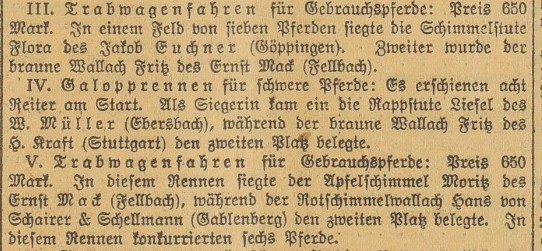 1912: Ergebnis des V. Trabwagenfahrens, „siegte der Apfelschimmel Moritz des Ernst Mack“ (Schwäbische Tagwacht, 30. September 1912)