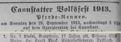 1913: Programm des Cannstatter Volksfests, Starterliste mit „Liesel“ (Ernst Mack)